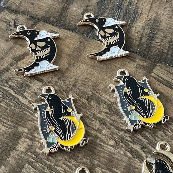 10pc Halloween Raven Charm Set  - Moon Skull - Raven Skull - Picture 3 of 8